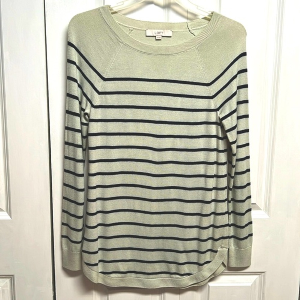 Loft Limestone Green Black Stripe Long Sleeve Pull Over Tunic Sweater Size M